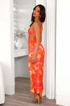 Beach Vibe One Shoulder Satin Maxi Dress Orange -Hello Molly Shop 1W4A7215 1 1 1697677283