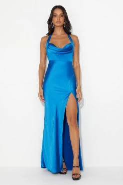 HELLO MOLLY Girl In The Spotlight Halter Neck Satin Maxi Dress Blue
