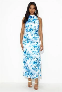 Beauty Of Fiji Satin Maxi Dress Blue